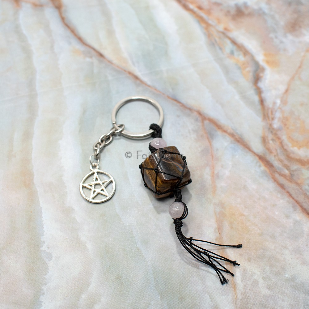 Tiger Eye Wire Wrapped With Pentagram Keychain
