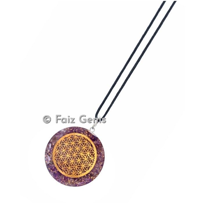 Amethyst With Flower Of Life Orgonite Disc Pendants