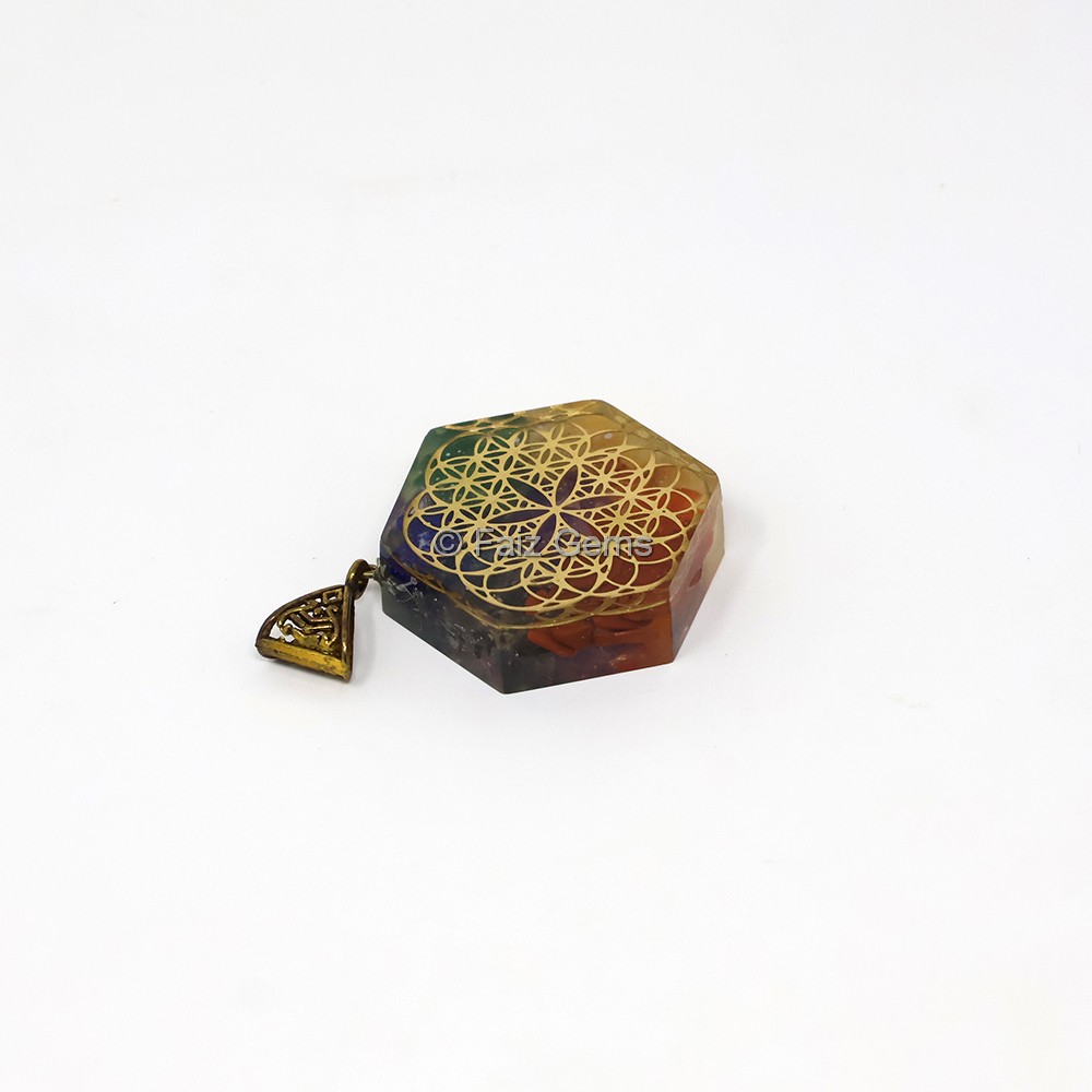 Seven Chakra with Flower of Life Hexagonal Orgone Pendant