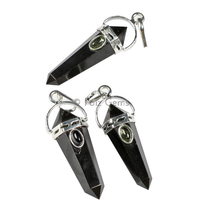Black Tourmaline with Black Moonstone Pencil Cap Pendants