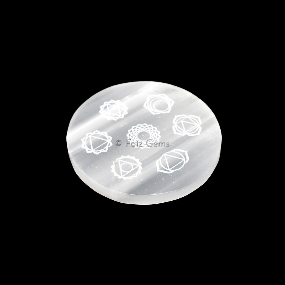 Selenite Plate With Seven Chakra Symbols Engraved
