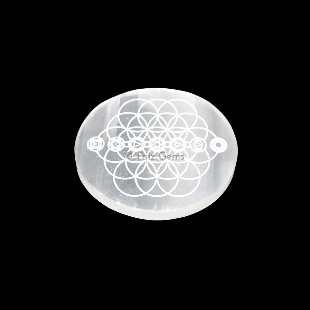 Selenite Plate With Seven Chakra Symbols Engraved