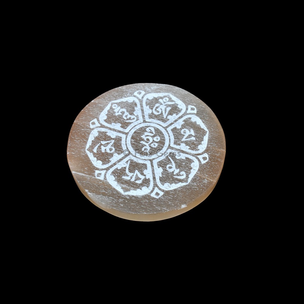 Engraved Charging Orange Selenite Plate With Om Mani Padme Hum