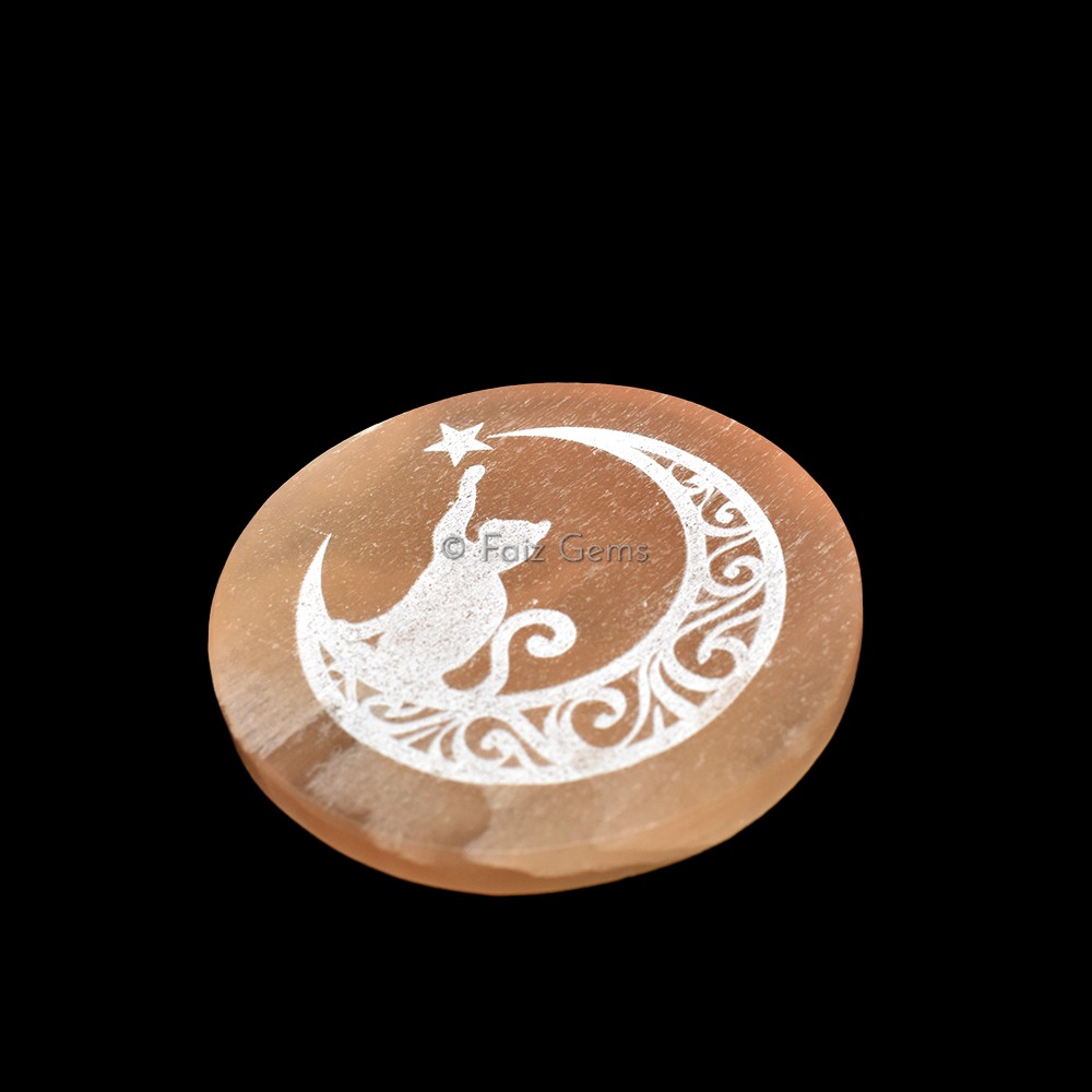 Engraved Orange Charging Selenite Plate With Chasing Cat Symbol