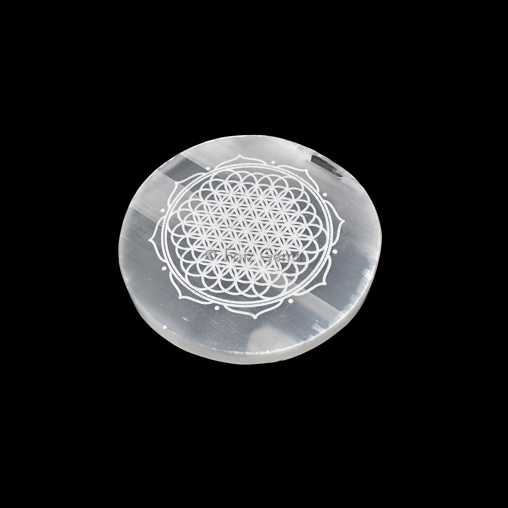 Engraved Charging Selenite Plate With Flower Of Life